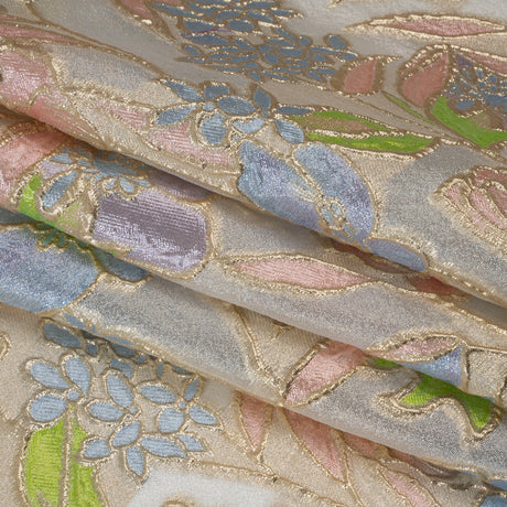 Metallic Burnout Brocade - Baby Pink, Sky Blue and Gold Festive Florals
