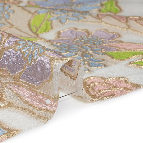 Metallic Burnout Brocade - Baby Pink, Sky Blue and Gold Festive Florals