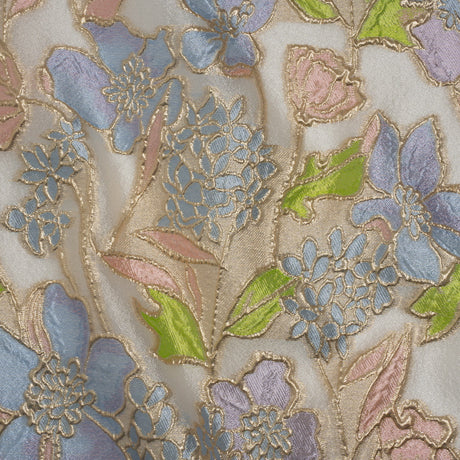 Metallic Burnout Brocade - Baby Pink, Sky Blue and Gold Festive Florals