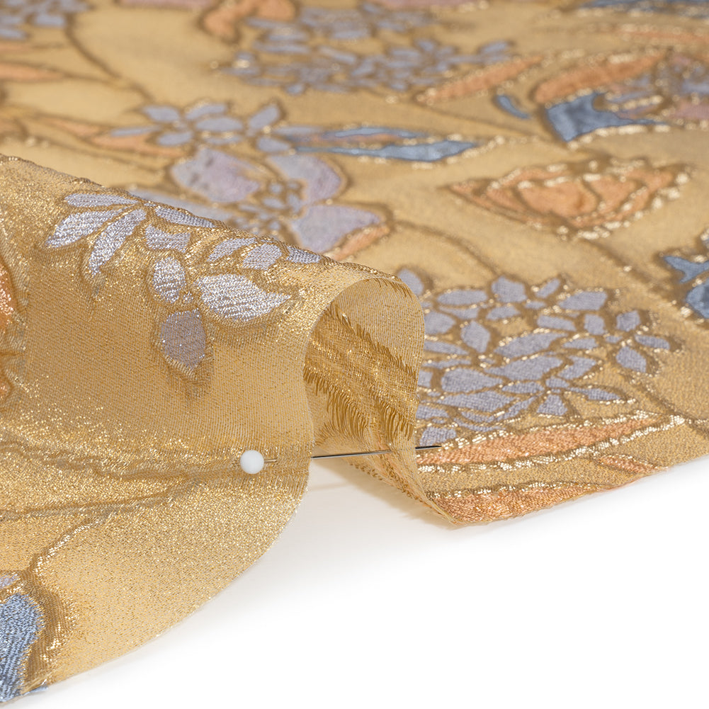 Metallic Burnout Brocade - Gold, Lilac and Country Blue Festive Florals