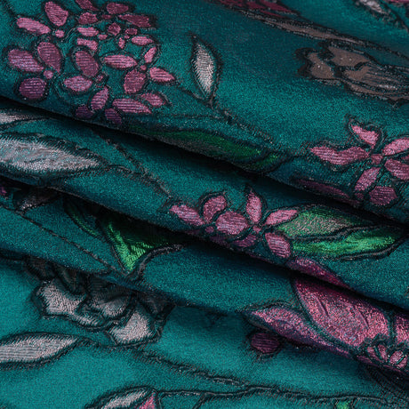 Metallic Burnout Brocade - Dark Teal, Pink and Black Festive Florals