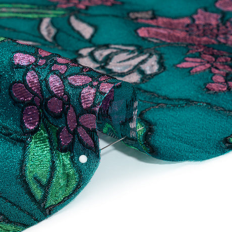 Metallic Burnout Brocade - Dark Teal, Pink and Black Festive Florals
