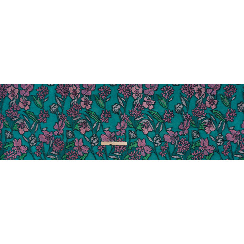 Metallic Burnout Brocade - Dark Teal, Pink and Black Festive Florals