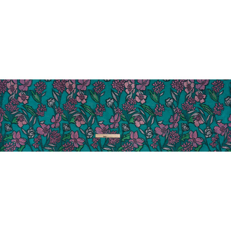 Metallic Burnout Brocade - Dark Teal, Pink and Black Festive Florals