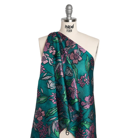 Metallic Burnout Brocade - Dark Teal, Pink and Black Festive Florals