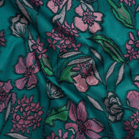 Metallic Burnout Brocade - Dark Teal, Pink and Black Festive Florals