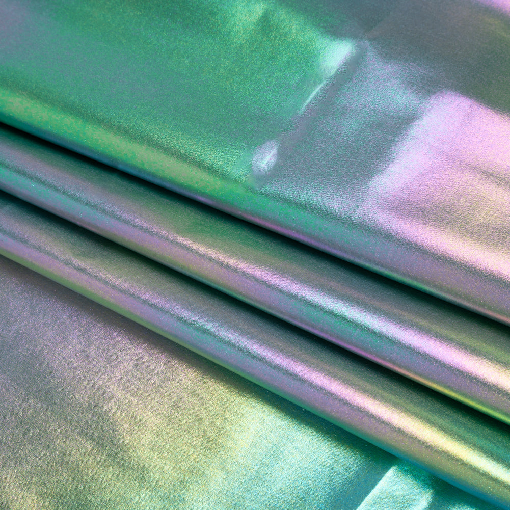 Metallic Lame Jacketing - Pastel Rainbow Ombre Stripe on Kelly Green - Inez Collection