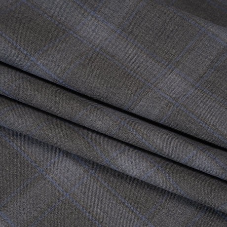 Super 130s Wool Twill Suiting Made in Italy - Gray and Sky Blue Plaid - Deadstock