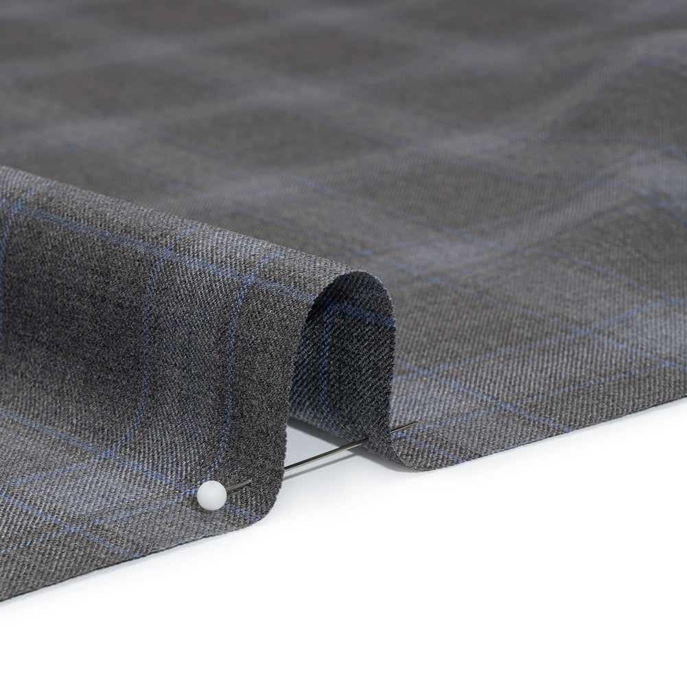 Super 130s Wool Twill Suiting Made in Italy - Gray and Sky Blue Plaid - Deadstock