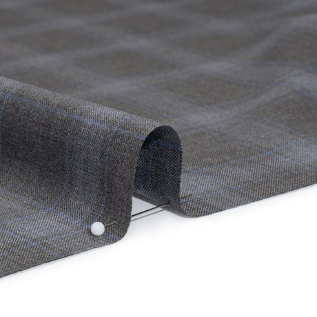 Super 130s Wool Twill Suiting Made in Italy - Gray and Sky Blue Plaid - Deadstock
