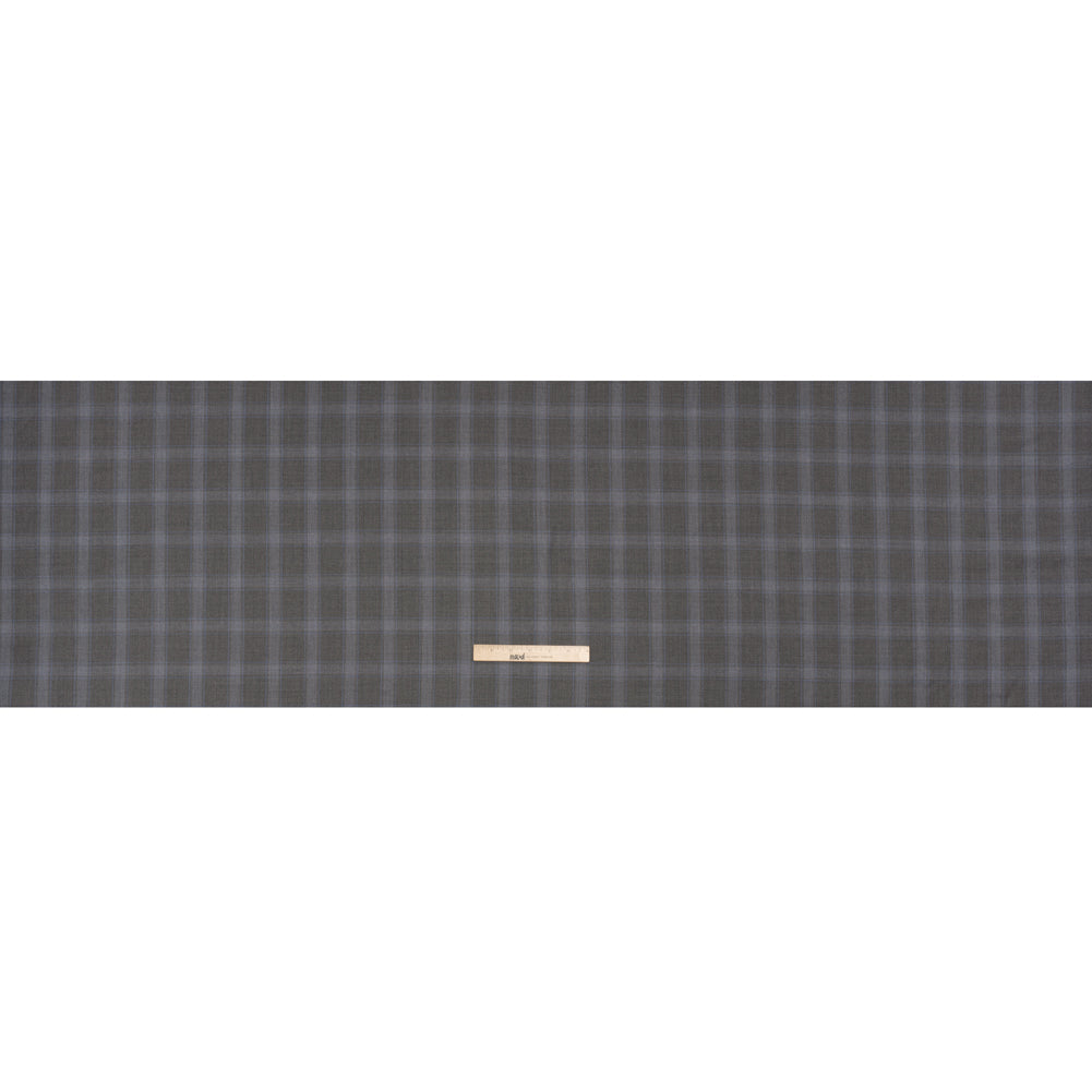 Super 130s Wool Twill Suiting Made in Italy - Gray and Sky Blue Plaid - Deadstock