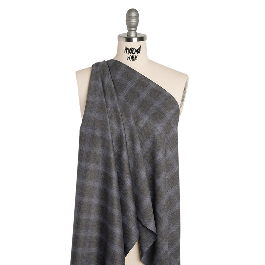 Super 130s Wool Twill Suiting Made in Italy - Gray and Sky Blue Plaid - Deadstock