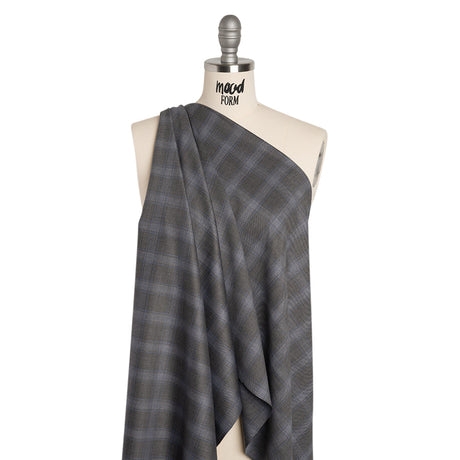 Super 130s Wool Twill Suiting Made in Italy - Gray and Sky Blue Plaid - Deadstock