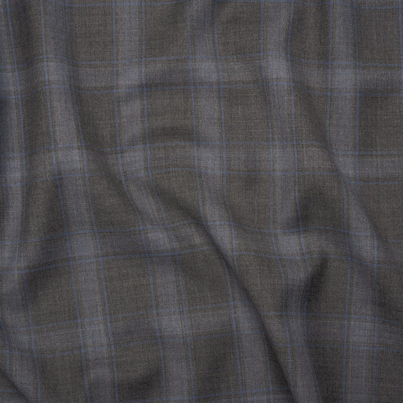 Super 130s Wool Twill Suiting Made in Italy - Gray and Sky Blue Plaid - Deadstock