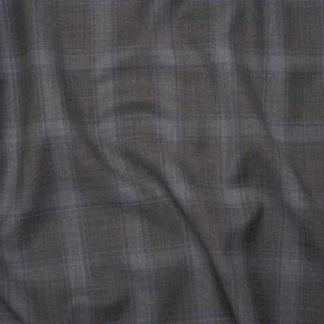 Super 130s Wool Twill Suiting Made in Italy - Gray and Sky Blue Plaid - Deadstock