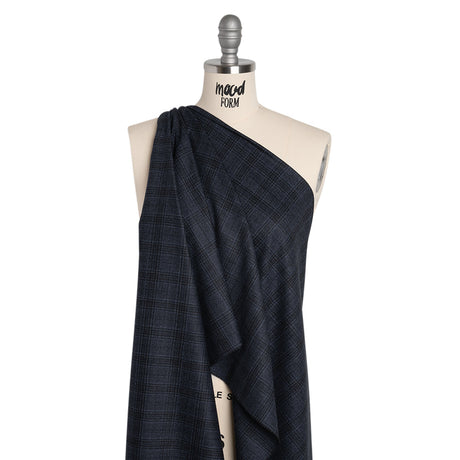 Super 130s Wool Suiting Made in Italy - Dark Blue and Black Plaid - Deadstock