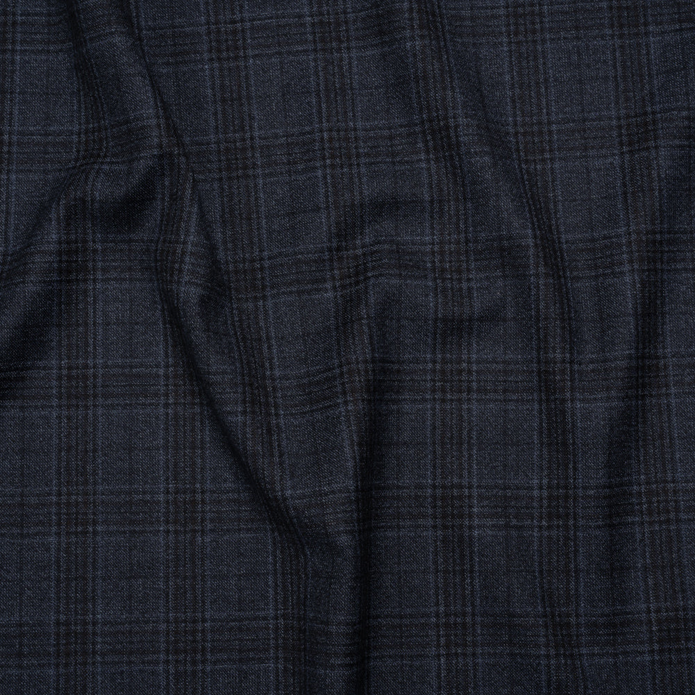 Super 130s Wool Suiting Made in Italy - Dark Blue and Black Plaid - Deadstock