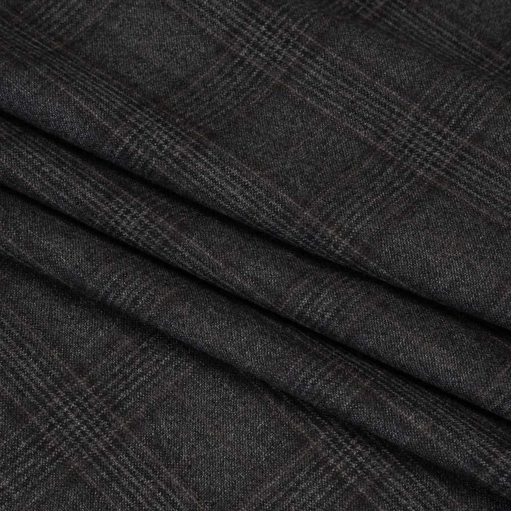 Super 130s Wool Suiting Made in Italy - Charcoal, Black and Brown Plaid - Deadstock