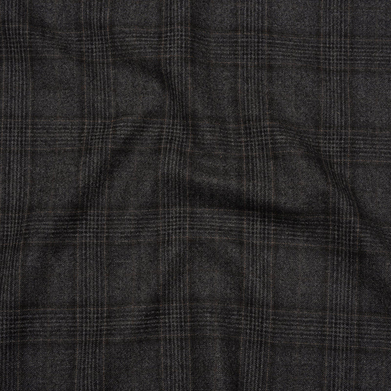 Super 130s Wool Suiting Made in Italy - Charcoal, Black and Brown Plaid - Deadstock