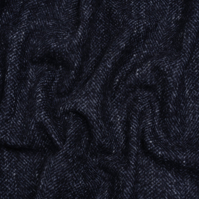 Brushed Wool and Silk Coating Made in Italy - Tweedy Blue and Navy Herringbone - Deadstock