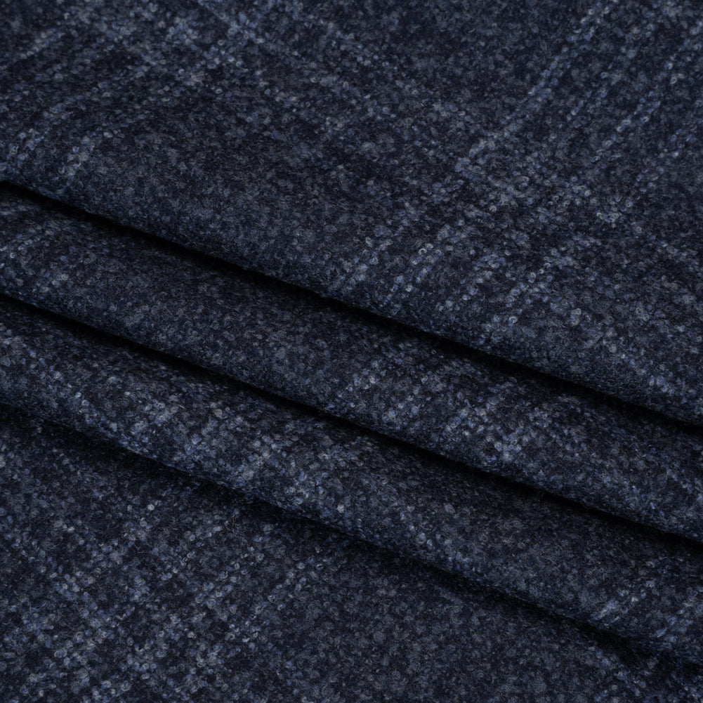 Wool, Silk and Cashmere Boucle Suiting Made in Italy - Blue and Navy Plaid - Deadstock