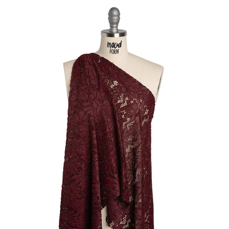 Stretch Chenille Corded Lace - Burgundy Floral - Deadstock