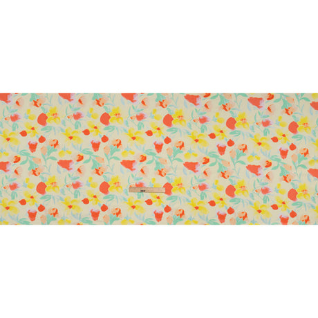 Stretch Nylon Swimwear Tricot - Lemon Yellow, Red Orange and Mint Green Painted Flowers - Designer Deadstock