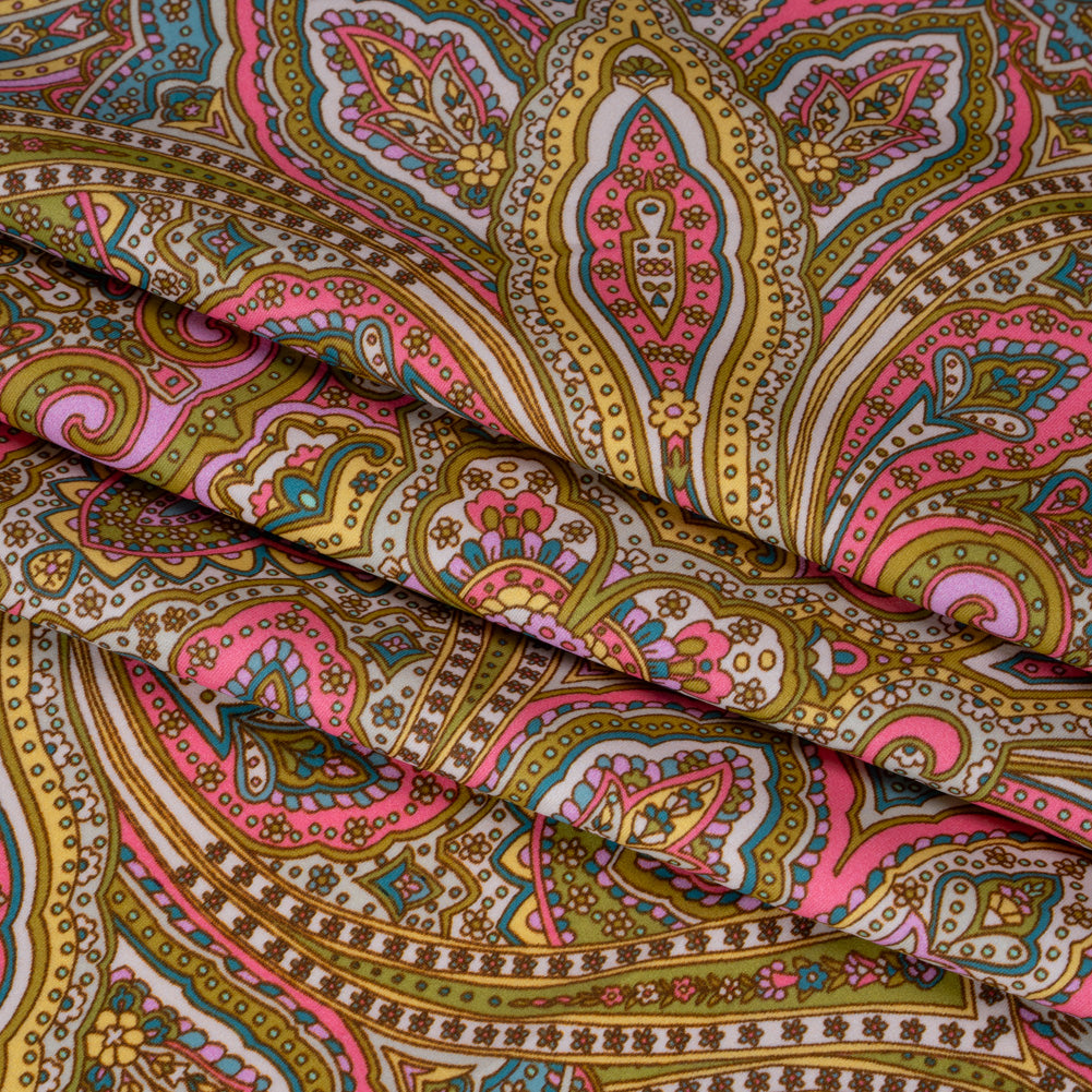 Stretch Nylon Swimwear Tricot - Pink, Olive Green and Blue Ornate Paisleys - Designer Deadstock
