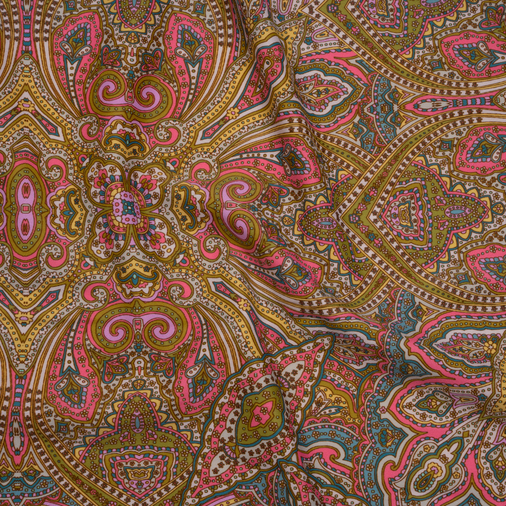Stretch Nylon Swimwear Tricot - Pink, Olive Green and Blue Ornate Paisleys - Designer Deadstock