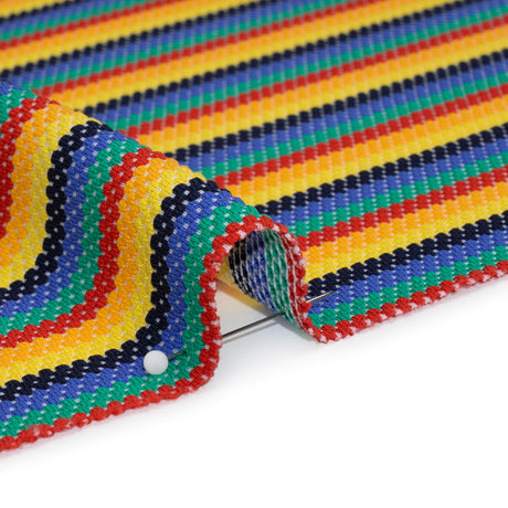 Stretch Polyester Pique Knit - Blue, Yellow and Red Horizontal Stripes - Designer Deadstock