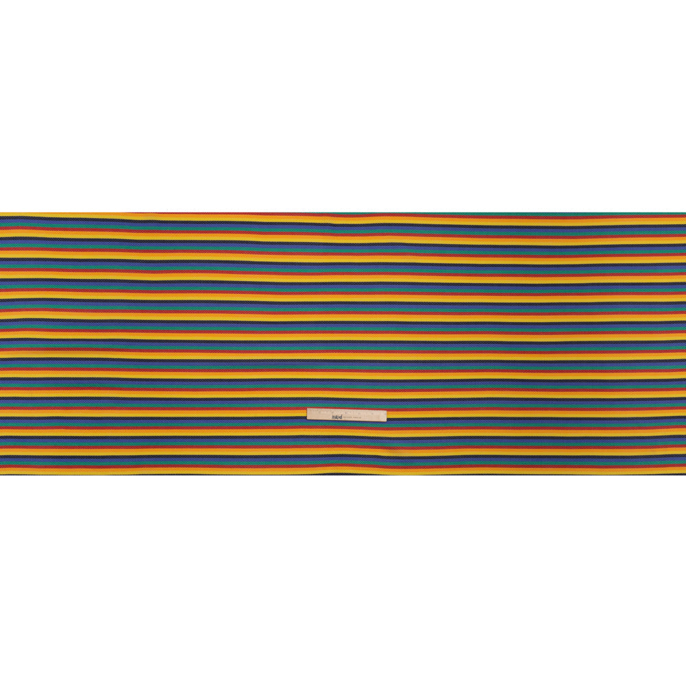 Stretch Polyester Pique Knit - Blue, Yellow and Red Horizontal Stripes - Designer Deadstock