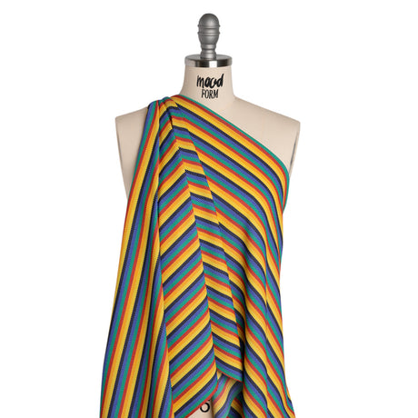 Stretch Polyester Pique Knit - Blue, Yellow and Red Horizontal Stripes - Designer Deadstock