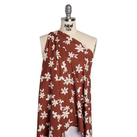 Stretch Nylon Jersey - Russet Brown and Cream Floral - Designer Deadstock