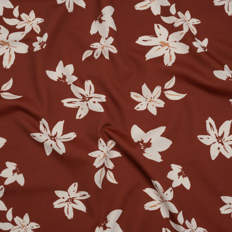 Stretch Nylon Jersey - Russet Brown and Cream Floral - Designer Deadstock