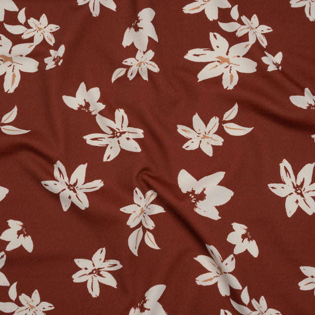 Stretch Nylon Jersey - Russet Brown and Cream Floral - Designer Deadstock