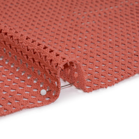 Stretch Polyester Eyelet Knit - Muted Coral Rows of Dots - Designer Deadstock