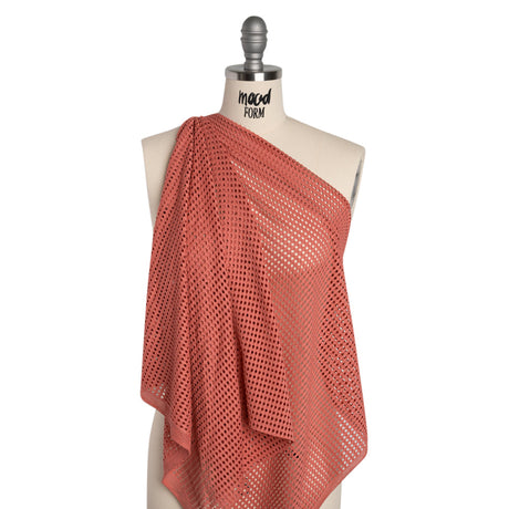 Stretch Polyester Eyelet Knit - Muted Coral Rows of Dots - Designer Deadstock