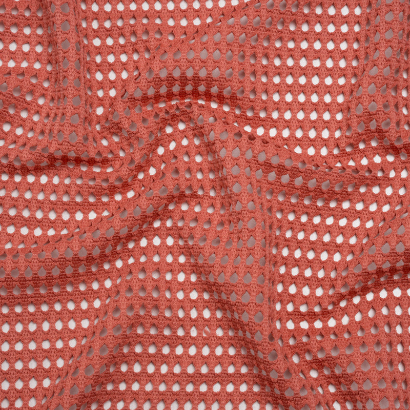 Stretch Polyester Eyelet Knit - Muted Coral Rows of Dots - Designer Deadstock