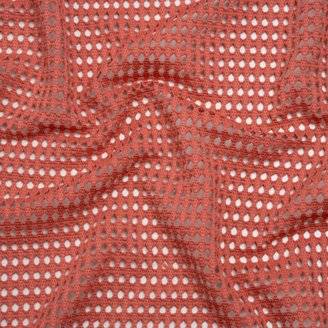 Stretch Polyester Eyelet Knit - Muted Coral Rows of Dots - Designer Deadstock