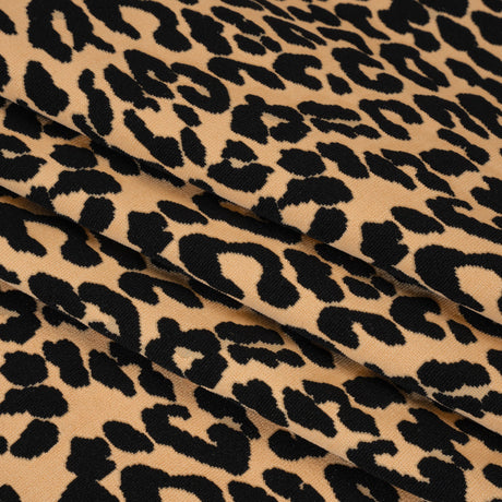 Stretch Polyester Jacquard Knit - Beige and Black Leopard Spots - Designer Deadstock