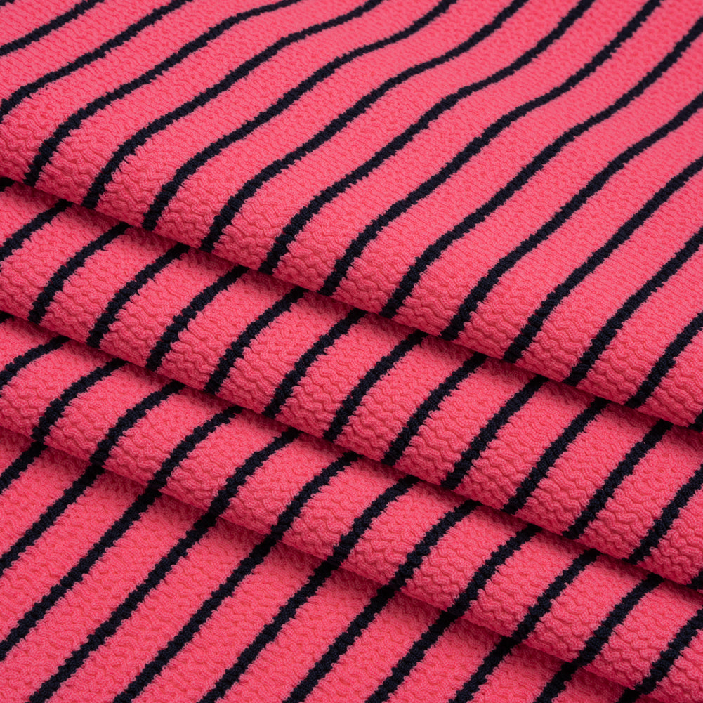 Stretch Nylon Textured Jacquard Knit - Neon Pink and Navy Blue Horizontal Stripes - Designer Deadstock