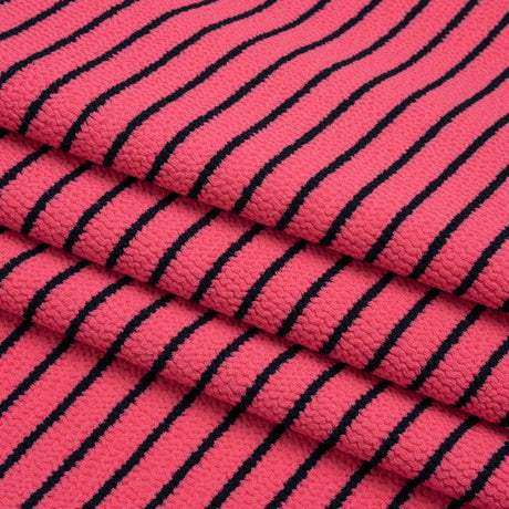 Stretch Nylon Textured Jacquard Knit - Neon Pink and Navy Blue Horizontal Stripes - Designer Deadstock