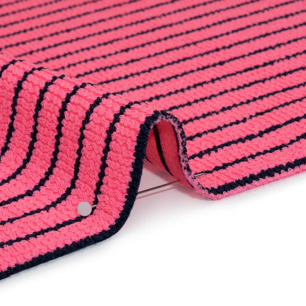 Stretch Nylon Textured Jacquard Knit - Neon Pink and Navy Blue Horizontal Stripes - Designer Deadstock