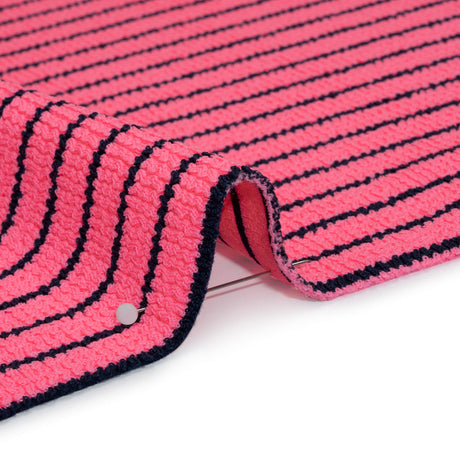 Stretch Nylon Textured Jacquard Knit - Neon Pink and Navy Blue Horizontal Stripes - Designer Deadstock