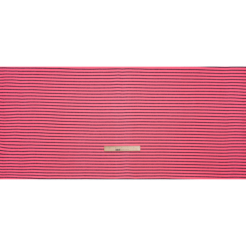 Stretch Nylon Textured Jacquard Knit - Neon Pink and Navy Blue Horizontal Stripes - Designer Deadstock