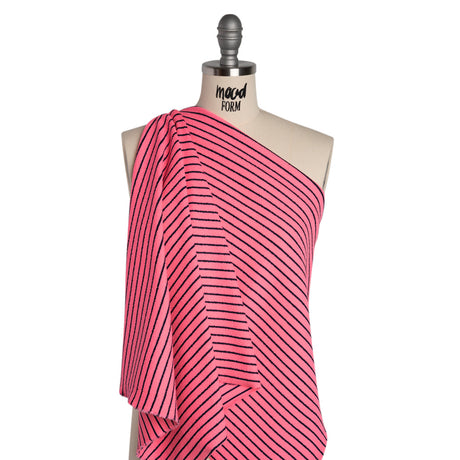Stretch Nylon Textured Jacquard Knit - Neon Pink and Navy Blue Horizontal Stripes - Designer Deadstock