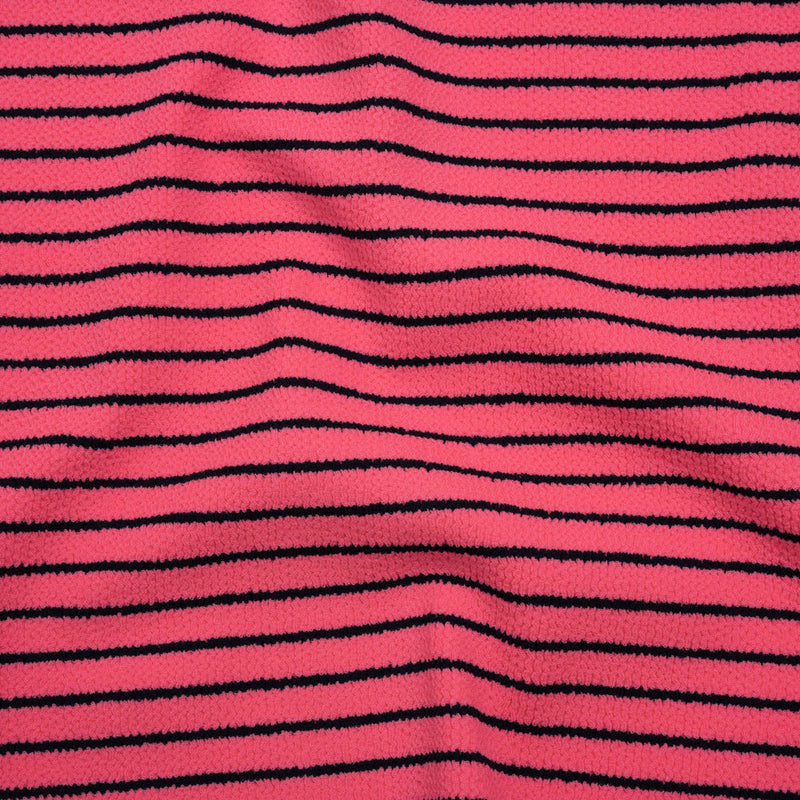 Stretch Nylon Textured Jacquard Knit - Neon Pink and Navy Blue Horizontal Stripes - Designer Deadstock