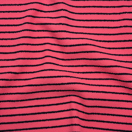 Stretch Nylon Textured Jacquard Knit - Neon Pink and Navy Blue Horizontal Stripes - Designer Deadstock