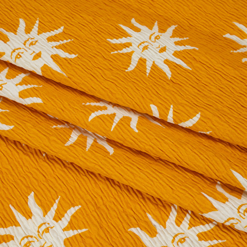 Stretch Ruched Nylon Jersey - Marigold Yellow and White Suns with Faces - Designer Deadstock