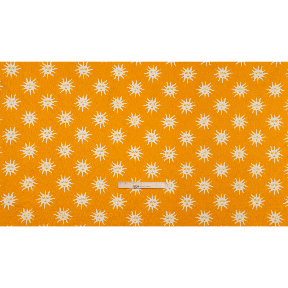 Stretch Ruched Nylon Jersey - Marigold Yellow and White Suns with Faces - Designer Deadstock